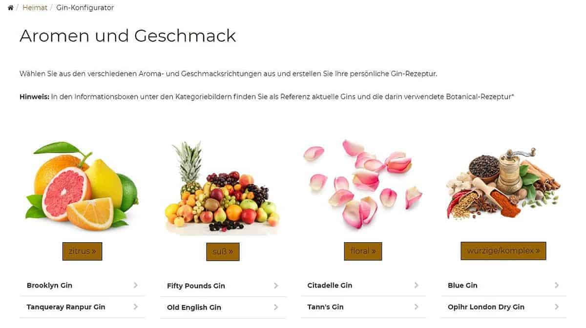 Auf einer Webseite mit dem Titel „Aromen und Geschmack“ werden Zitrusfrüchte, gemischte Früchte, Rosenblüten und Gewürze gezeigt; darunter sind Gin-Sorten aufgeführt, die nach Geschmacksprofil ausgewählt werden können.