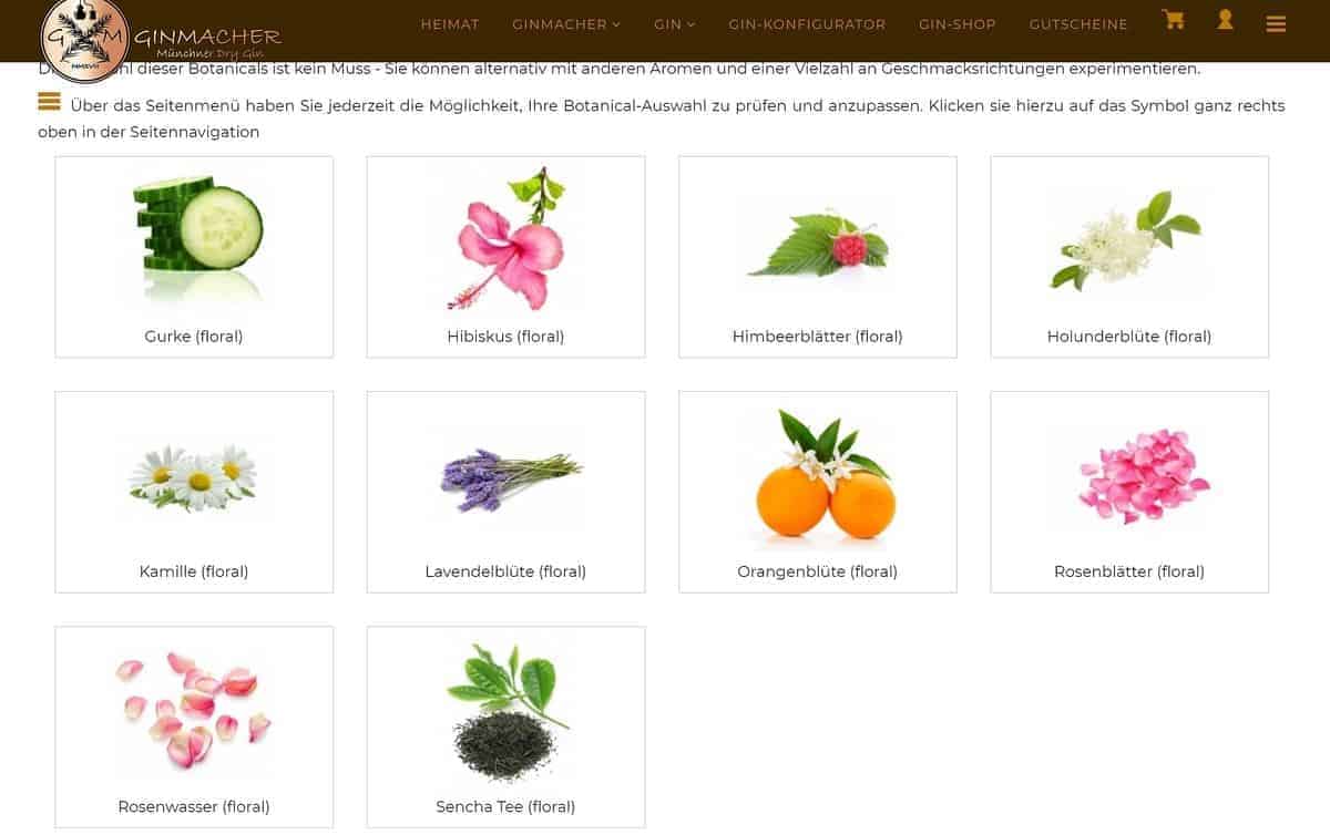 Übersicht über pflanzliche Inhaltsstoffe, jeweils dargestellt mit einem beschrifteten Foto: Gurke, Hibiskus, Himbeerblatt, Holunderblüte, Kamille, Lavendel, Orangenblüte, Rosenblütenblätter, Rosenwasser und Sencha-Tee.