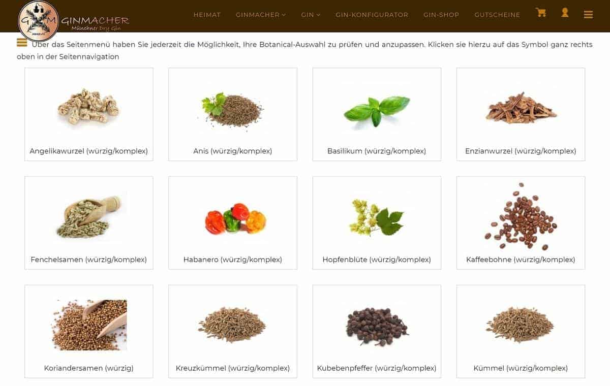 Screenshot einer Website, auf der ein Raster mit 12 beschrifteten Bildern von Gin-Botanicals wie Kräutern, Samen und Gewürzen zu sehen ist, darunter Anis, Basilikum, Hopfen, Kaffeebohnen und Habanero.