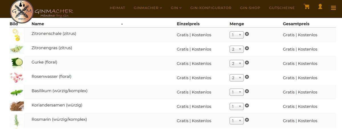 Screenshot eines Online-Gin-Konfigurators, der Zutaten wie Zitronenschale, Gurke, Rosenwasser und Kräuter anzeigt, jeweils mit dem Preis pro Einheit „kostenlos“ und der Möglichkeit, die Menge über ein Dropdown-Menü auszuwählen.