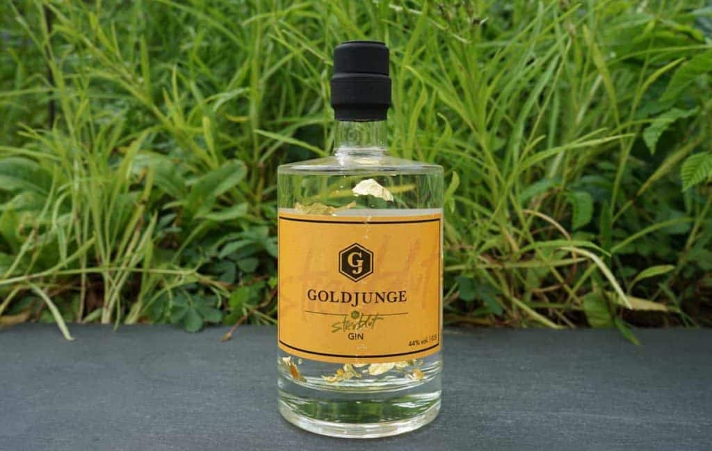 Auf einer Steinfläche steht eine Flasche Goldjunge-Gin mit gelbem Etikett und schwarzem Verschluss, im Hintergrund ist grünes Gras zu sehen. In der klaren Flüssigkeit in der Flasche sind Goldflocken zu erkennen.