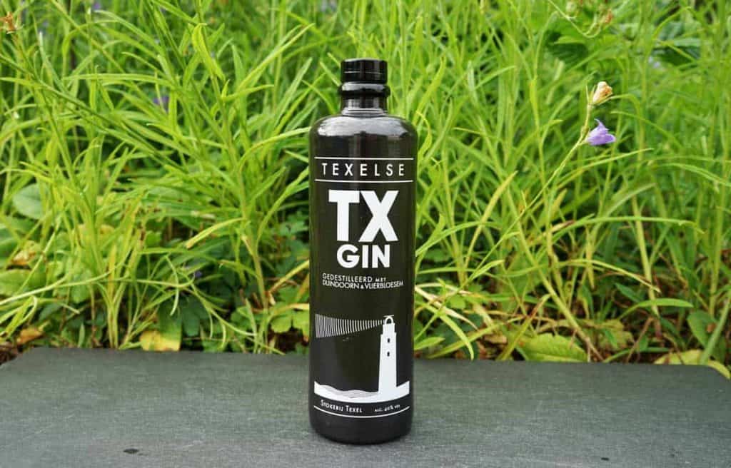 Eine schwarze Flasche Texelse TX Gin steht im Freien auf einer dunklen Fläche, im Hintergrund sind grünes Gras und einige violette Blumen zu sehen.