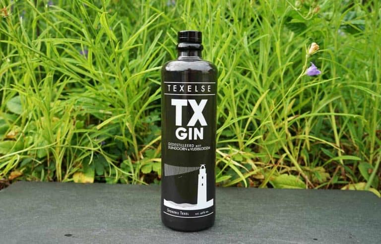 Eine schwarze Flasche Texelse TX Gin steht im Freien auf einer dunklen Fläche, im Hintergrund sind grünes Gras und einige violette Blumen zu sehen.