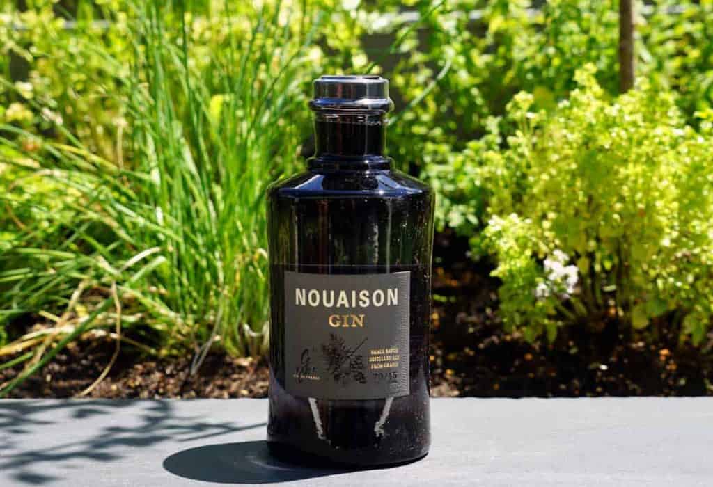Eine dunkle Glasflasche mit „Nouaison Gin“ steht im Freien auf einer grauen Fläche, im Hintergrund sind grüne Pflanzen und Sonnenlicht zu sehen.