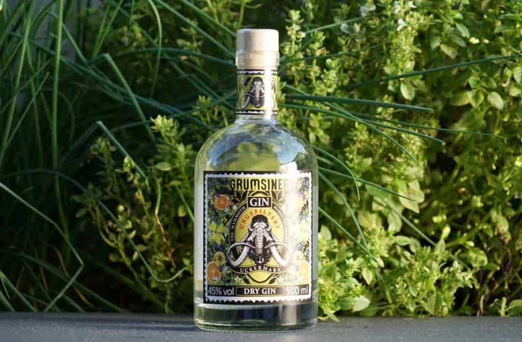 Eine Flasche Grumsiner Dry Gin mit einem detailreichen Etikett, auf dem ein Oktopus abgebildet ist, steht im Freien vor üppig grünen Pflanzen.