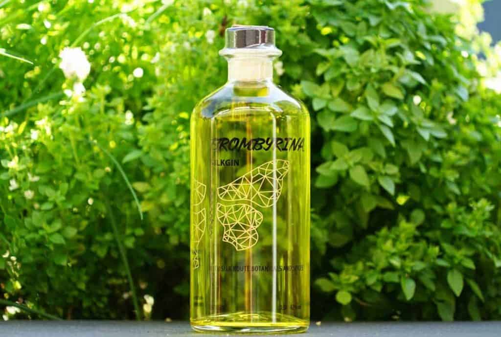 Eine mit gelber Flüssigkeit gefüllte Flasche aus klarem Glas, die mit der Aufschrift „FROM BY RINA“ versehen und mit einem geometrischen Schmetterling verziert ist, steht auf einer dunklen Fläche vor dem Hintergrund von grünem Laub.