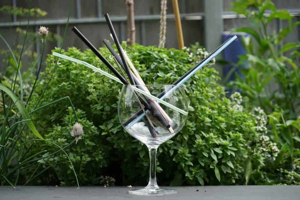 Auf einem Tisch im Freien steht ein Weinglas, gefüllt mit verschiedenen wiederverwendbaren Trinkhalmen; im Hintergrund sind Grünpflanzen und ein Gartenzaun zu sehen.