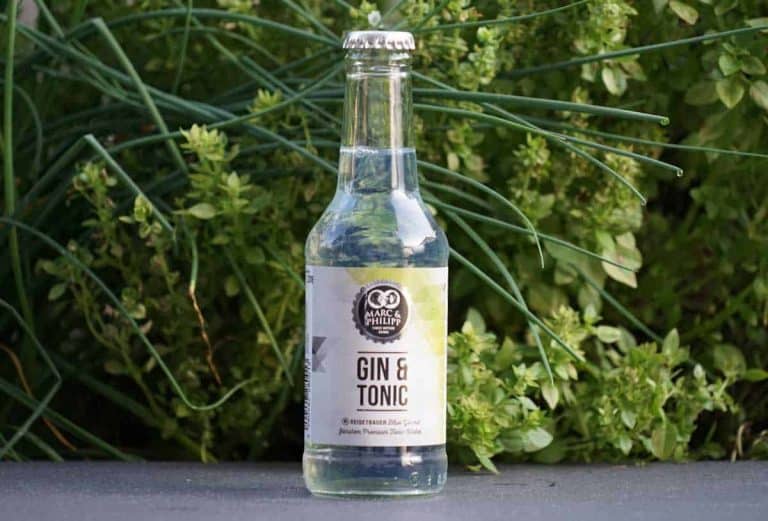 Auf einer dunklen Fläche steht eine durchsichtige Flasche mit der Aufschrift „Marc & Philipp Gin & Tonic“, im Hintergrund sind grüne Blattpflanzen zu sehen.