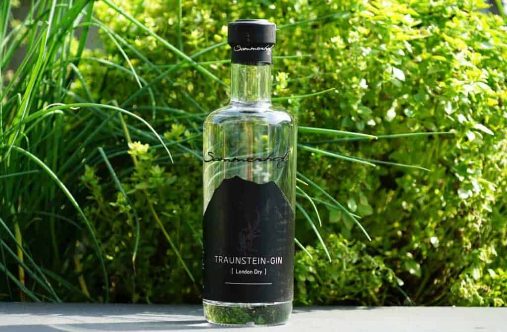 Eine durchsichtige Flasche „Traunstein-Gin London Dry“ steht im Freien auf einer Fläche, umgeben von üppig grünen Pflanzen und Gras im Hintergrund.