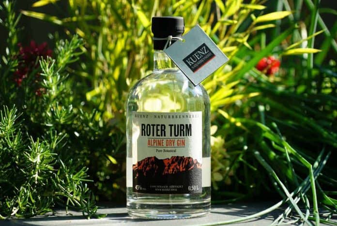 Eine Flasche des Roter Turm Alpine Dry Gins