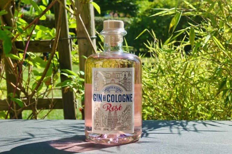 Auf einem schwarzen Tisch im Freien steht eine Flasche „Gin de Cologne Rosé“, umgeben von grünen Pflanzen und im Sonnenlicht.