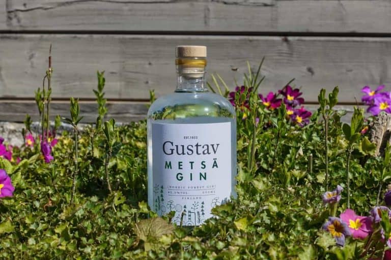 Eine Flasche Gustav Metsä Gin steht inmitten von grünen Pflanzen und bunten lila und rosa Blumen, im Hintergrund ist ein Holzzaun zu sehen.