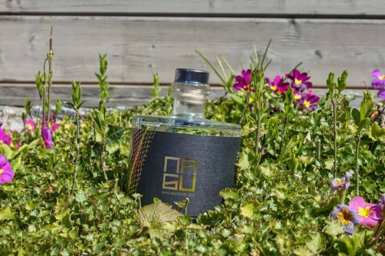 Eine Flasche mit einem schwarz-goldenen Etikett steht inmitten von grünen Pflanzen und rosa Blumen, im Hintergrund ist ein Holzzaun zu sehen.