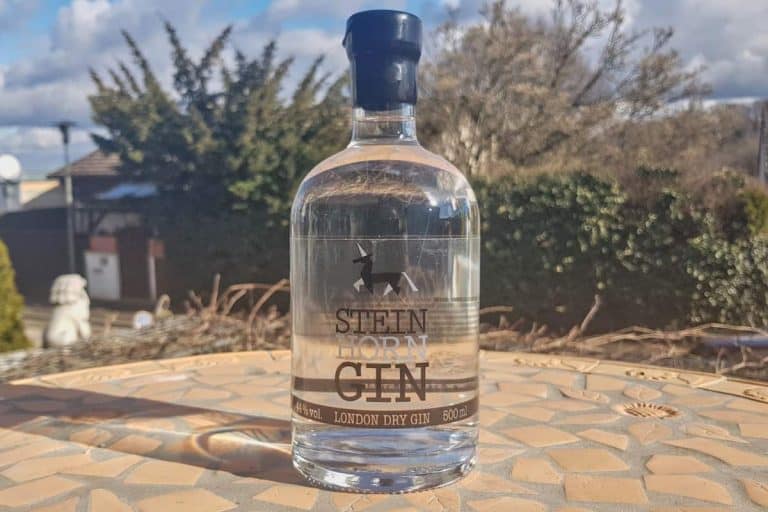 Auf einem Mosaiktisch im Freien steht eine durchsichtige Flasche „Stein Horn London Dry Gin“, im Hintergrund sind Bäume, ein Zaun und ein blauer Himmel mit Wolken zu sehen.