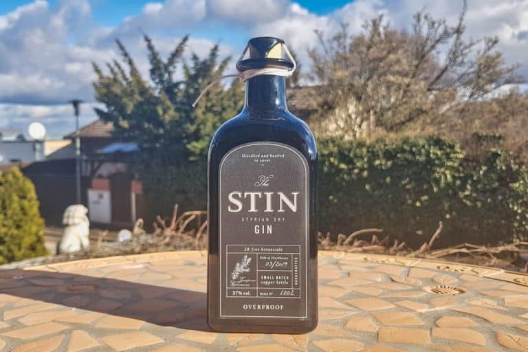 Auf einem Mosaiktisch im Freien steht eine dunkelblaue Flasche „The Stin Styrian Dry Gin“, im Hintergrund sind Bäume, ein Haus und ein teilweise bewölkter Himmel zu sehen.
