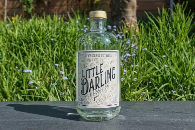 Eine durchsichtige Glasflasche mit der Aufschrift „Little Darling London Gin“ steht im Freien auf einer dunklen Fläche, im Hintergrund sind grünes Gras und kleine blaue Blumen zu sehen. Die Flasche ist teilweise gefüllt und hat einen hellen Verschluss.