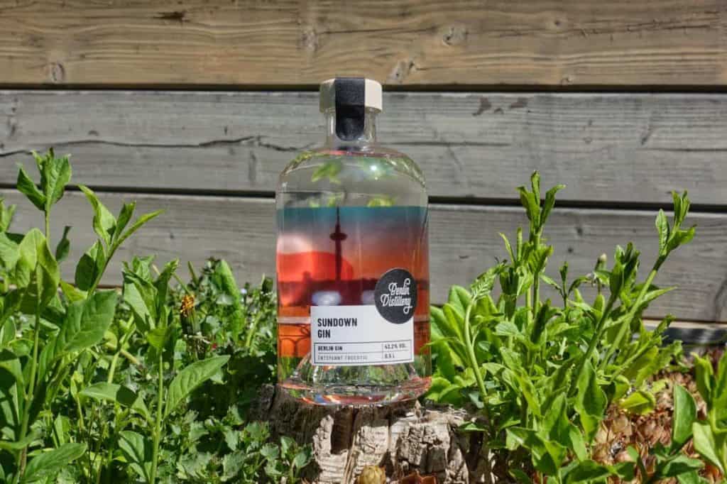 Auf einem Baumstumpf steht eine Flasche Sundown Gin, umgeben von grünen Pflanzen, im Hintergrund ist ein Holzzaun zu sehen. Auf dem Flaschenetikett ist eine Sonnenuntergangsszene mit einer Stadtsilhouette abgebildet.