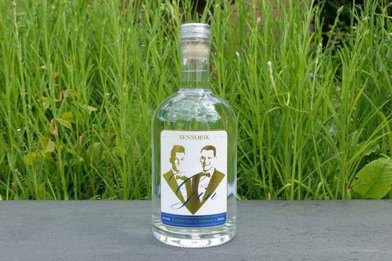 Eine durchsichtige Flasche Sensorik Gin mit einem blau-weißen Etikett, auf dem zwei illustrierte Männer abgebildet sind, steht auf einer dunklen Fläche vor hohem grünem Gras. Diese eindrucksvolle Inszenierung unterstreicht die unverwechselbare Eleganz des Sensorik Gin.