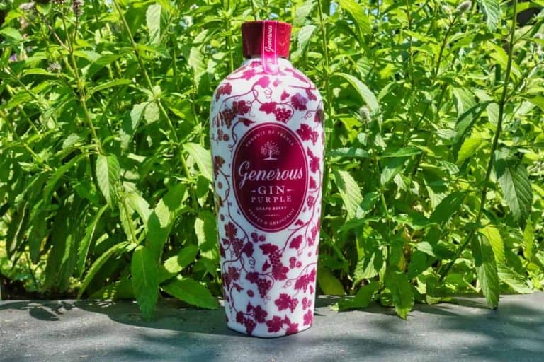 Eine weiß-lila Flasche „Generous Purple Gin“ steht auf einer Steinfläche, im Hintergrund sind an einem sonnigen Tag grüne Pflanzen zu sehen.