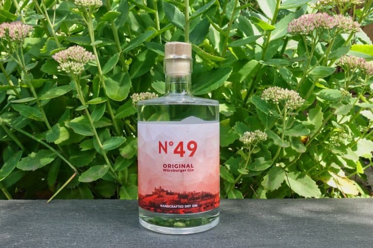 Eine Flasche „N°49 Gin Original“ mit rotem Etikett steht auf einer dunklen Fläche, umgeben von grünen Blattpflanzen und rosa Blumen im Hintergrund.