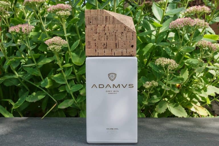 Auf einer grauen Fläche steht eine weiße Flasche „Adamus Organic Dry Gin“ mit einem Holzverschluss, im Hintergrund sind grüne Blattpflanzen und rosa Blumen zu sehen.