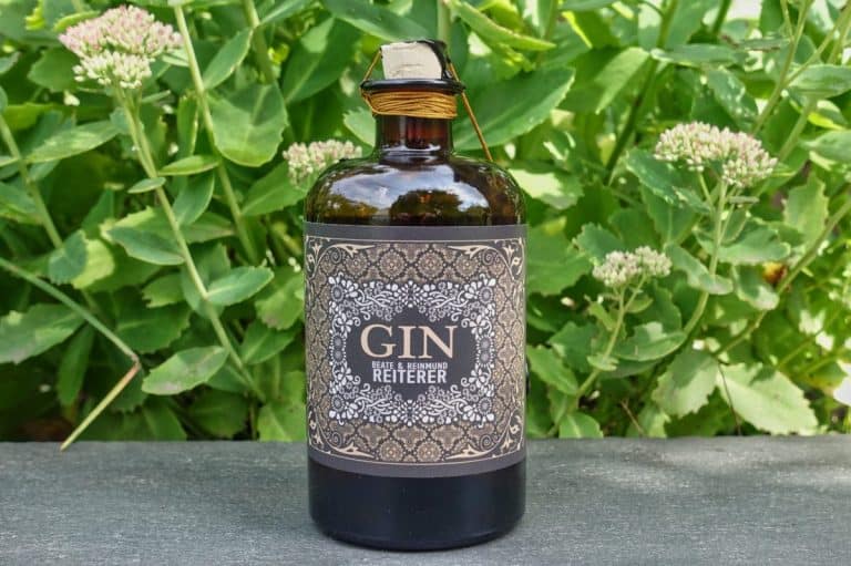 Eine dunkle Glasflasche mit Gin und einem dekorativen Etikett steht auf einer grauen Fläche, umgeben von grünem Laub und blühenden Pflanzen im Hintergrund.