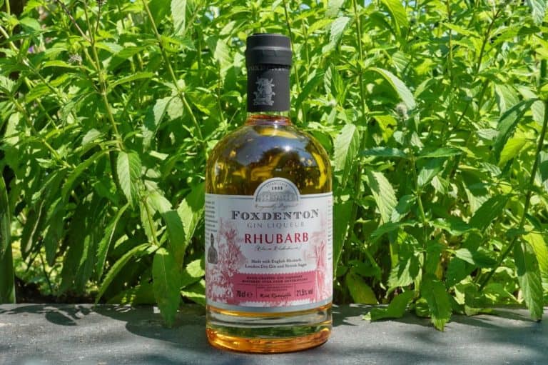 Eine Flasche Foxdenton Rhabarber-Gin-Likör steht an einem sonnigen Tag auf einer Steinfläche, im Hintergrund sind üppig grüne Pflanzen zu sehen, die die leuchtenden Farbtöne und die erfrischende Ausstrahlung dieses unverwechselbaren Rhabarber-Gins unterstreichen.