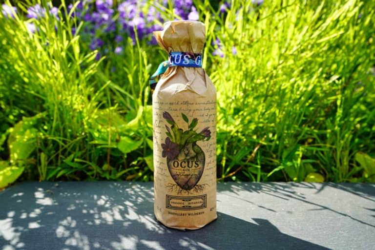Eine Flasche Ocus Gin, eingewickelt in braunes Papier mit botanischen Illustrationen und dem Schriftzug „OCUS“, steht auf einer dunklen Unterlage, im Hintergrund sind hellgrünes Gras und violette Blumen zu sehen.