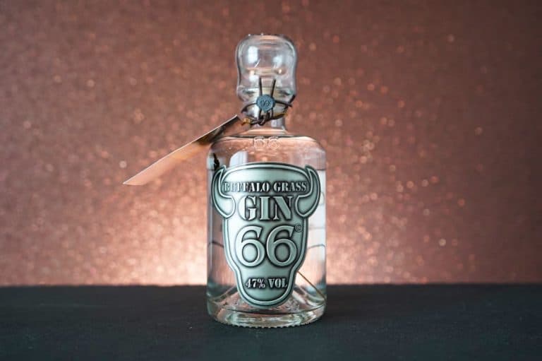 Eine durchsichtige Flasche „Buffalo Grass Gin 66“ steht auf einer dunklen Oberfläche; ihr metallisches Etikett und der Korkverschluss reflektieren das Licht vor einem funkelnden braunen Hintergrund. Die unverwechselbare Ausstrahlung des „Buffalo Grass Gin 66“ verleiht der Szene Eleganz und weckt Neugier und Bewunderung.