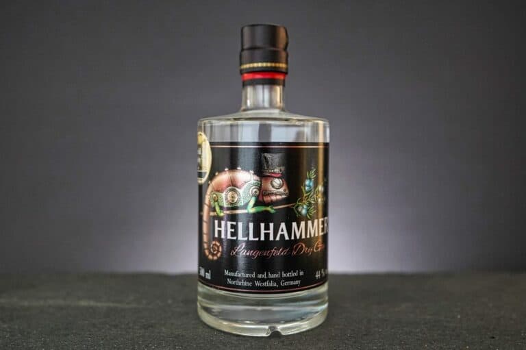 Eine klare Glasflasche „Hellhammer Langenfeld Dry Gin“ mit einem schwarzen Etikett, auf dem ein Chamäleon im Steampunk-Stil sowie botanische Illustrationen vor einem dunklen Hintergrund abgebildet sind.