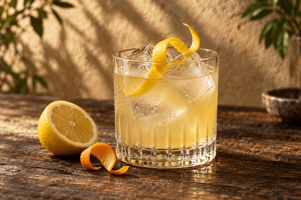 Arthur Tompkins Cocktail im Tumbler mit Eis und Zitronenzeste