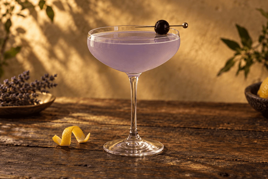 Aviation Cocktail in der Cocktailschale mit Cocktailkirsche und Zitronenzeste