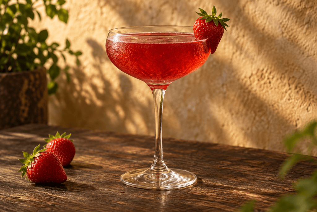 Roter Bloodhound Cocktail in der Cocktailschale mit Erdbeere