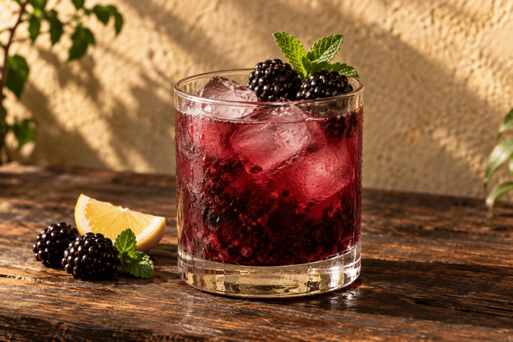 Bramble Cocktail im Tumbler mit Crushed Ice, Brombeeren und Minze