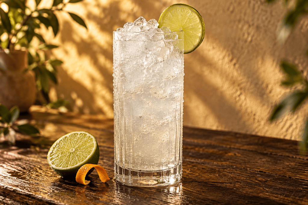 Ein hohes Glas, gefüllt mit Eis und einem klaren Getränk, garniert mit einer Limettenscheibe. Eine halbierte Limette und eine Orangenschale liegen auf einer Holzunterlage im warmen Sonnenlicht.