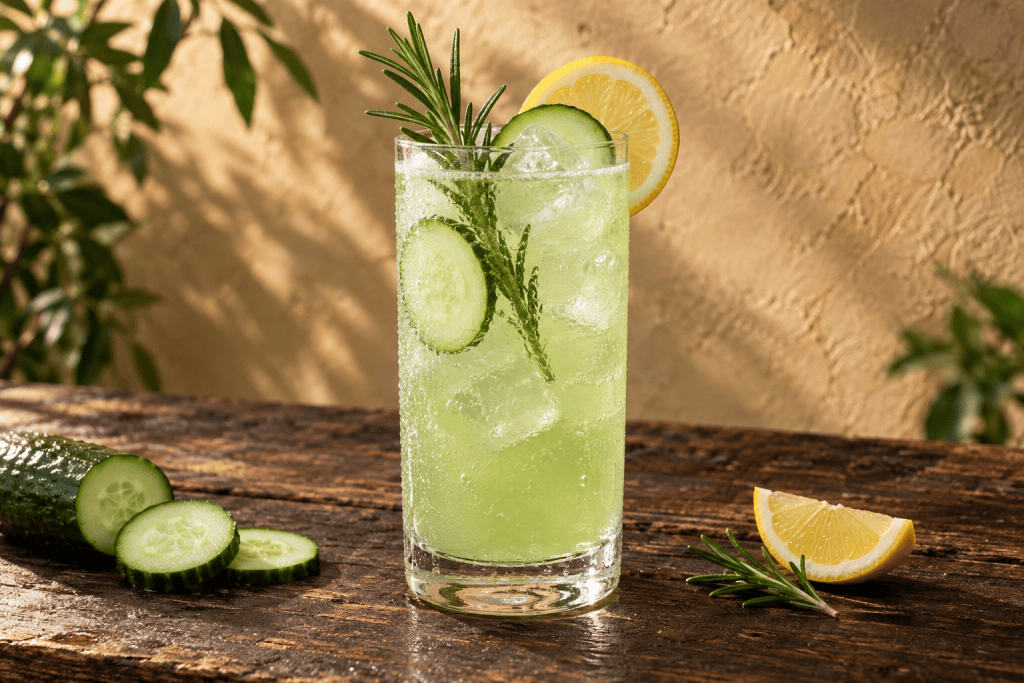 Cucumber Lemonade Chiller im Longdrinkglas mit Gurke, Rosmarin und Zitrone
