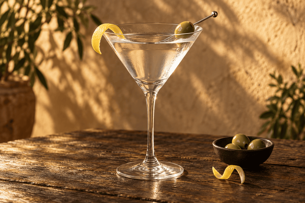 Dry Martini im Martini-Glas mit Olive und Zitronenzeste