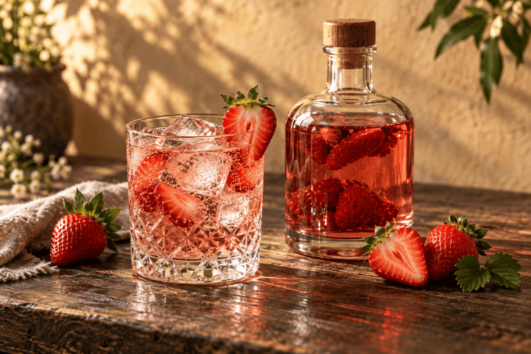 Erdbeer Gin Tonic mit frischen Erdbeeren und Eis