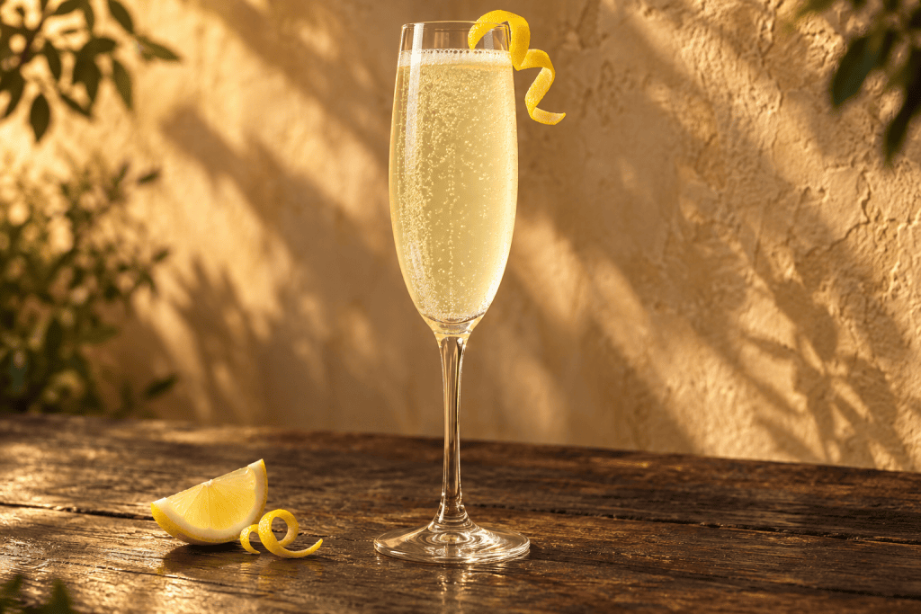 French 75 mit Gin und Champagner in der Sektflöte mit Zitronenzeste