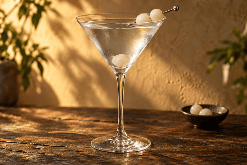 Ein klassischer Cocktail in einem Martini-Glas, garniert mit drei weißen Perlzwiebeln, dazu eine Schale mit weiteren Zwiebeln auf einem rustikalen Holztisch vor einem sonnenbeschienenen Hintergrund.