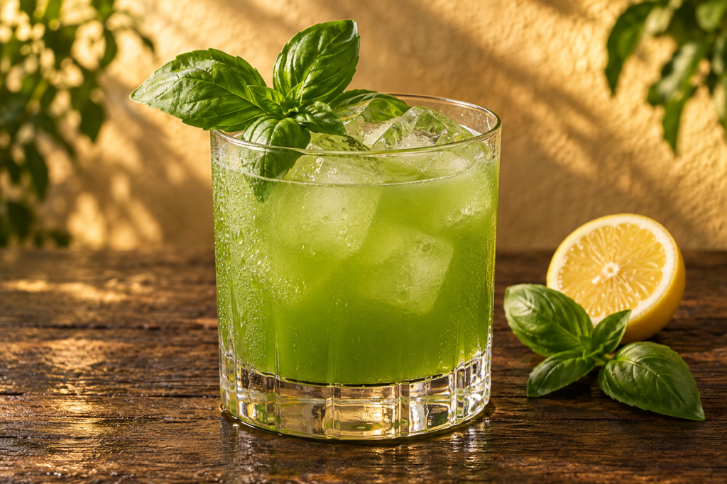 Gin Basil Smash im Tumbler mit frischem Basilikum und Zitrone