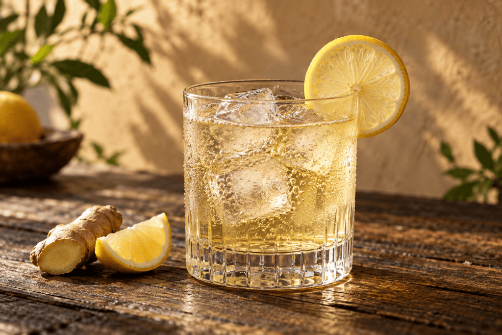Gin Buck im Tumbler mit Eis, Ginger Ale und Zitronenscheibe