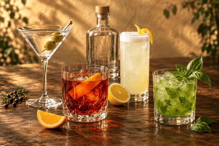 Vier Cocktails auf einem Holztisch: ein Martini mit Oliven, ein mit einer Orange garnierter Drink, ein großes Zitronengetränk und ein grüner Basilikum-Cocktail aus Gin für Cocktails, im Hintergrund eine Flasche, eine Zitrone, eine Orangenscheibe und Kräuter.