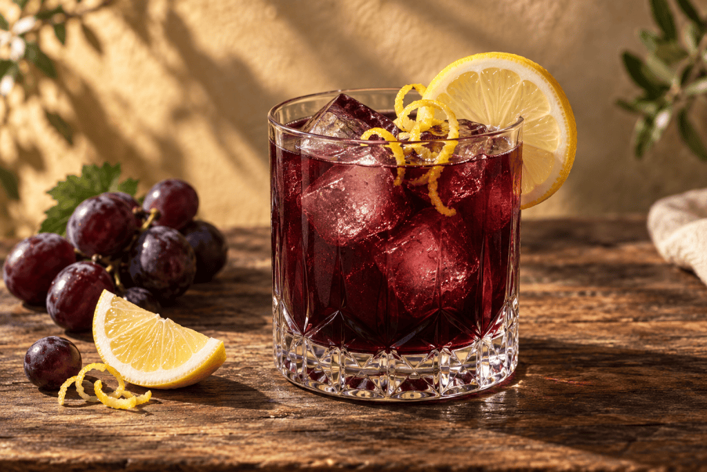 Gin and Juice im Tumbler mit Eis, Zitronenscheibe und Trauben