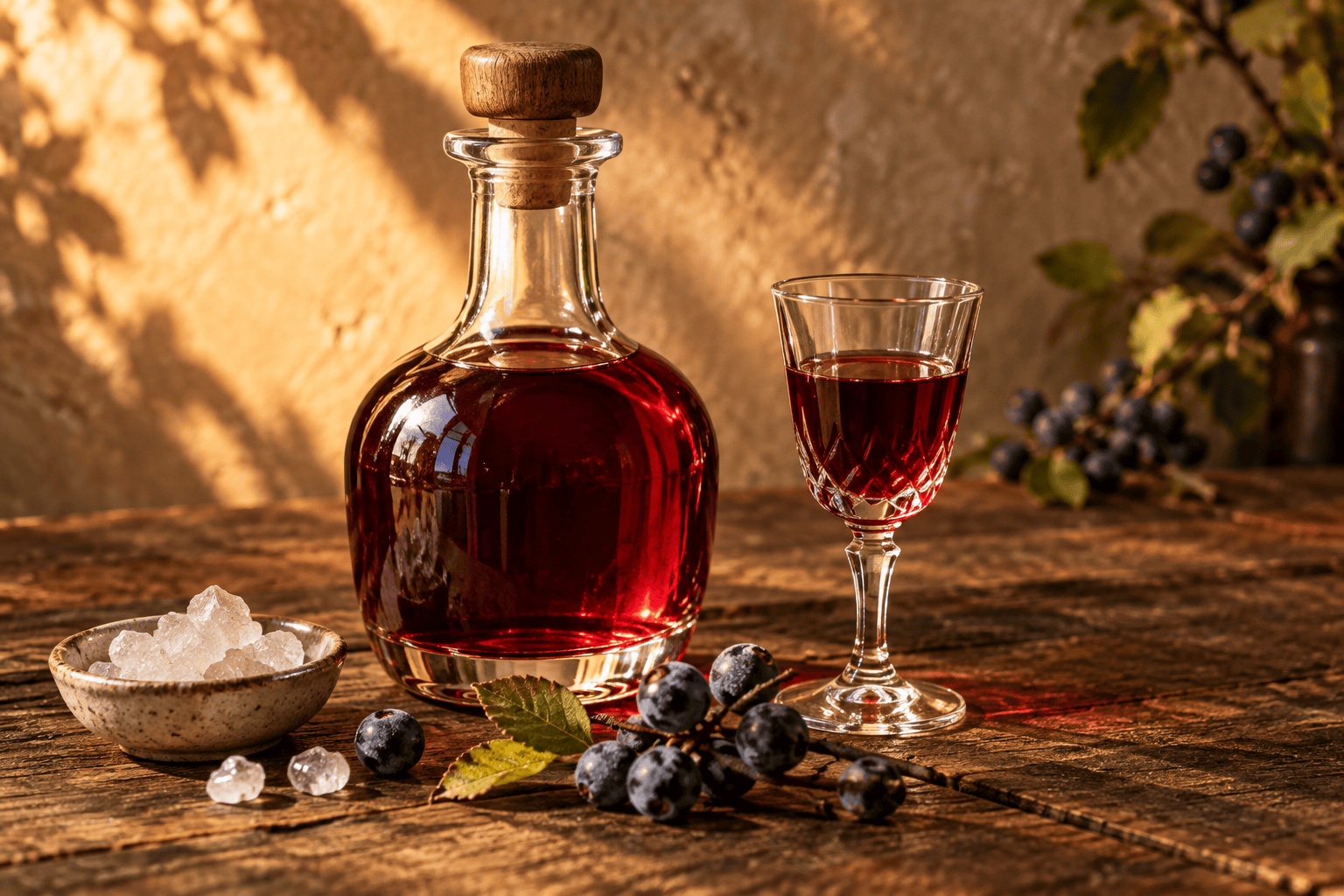 Gin Likör in einem Likörglas neben Früchten und Schlehen
