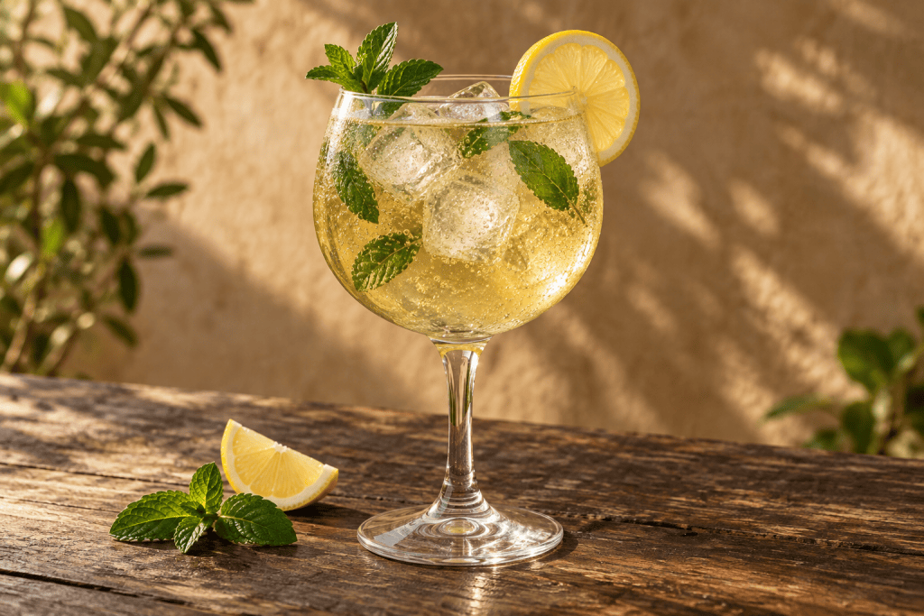 Gin Mabra im Ballonglas mit Eis, Minze und Zitronenscheibe