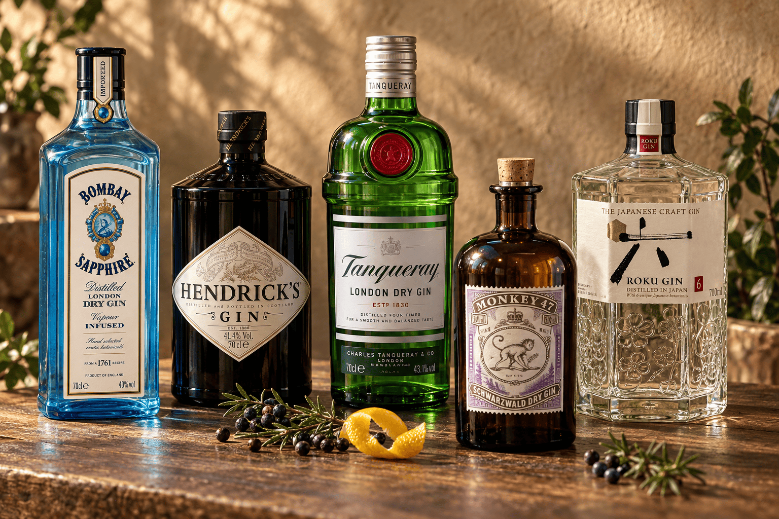 Fünf bekannte Gin-Marken: Bombay Sapphire, Hendrick's, Tanqueray, Monkey 47 und Roku mit Wacholderbeeren und Zitronenschale