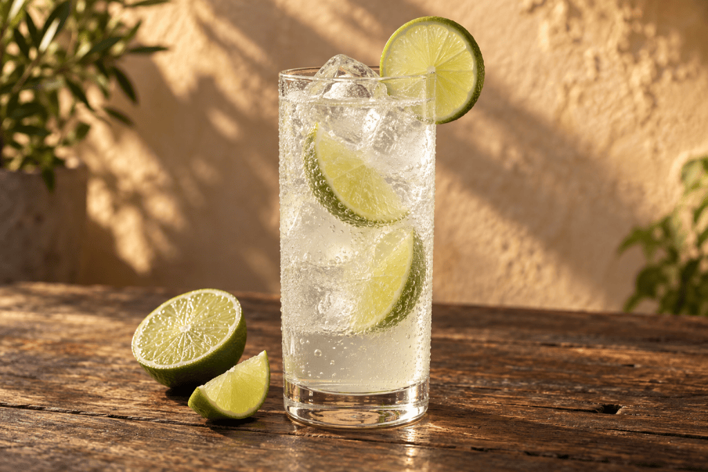 Gin Rickey im Highball-Glas mit Eis und Limettenscheiben