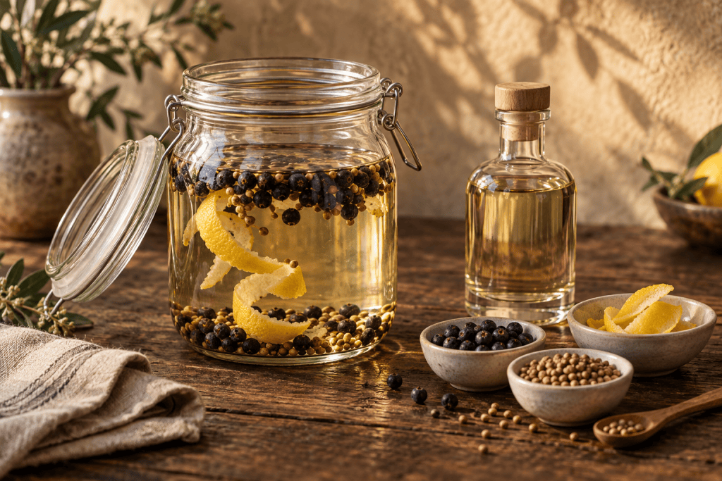 Selbst angesetzter Gin in einer Flasche mit Wacholderbeeren, Zitrusschale und Gewürzen