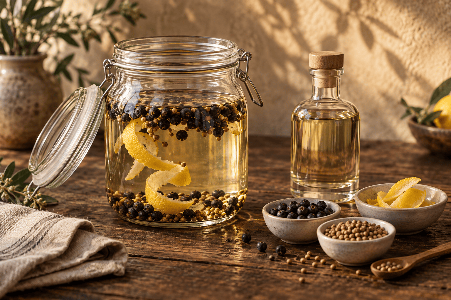 Selbst angesetzter Gin in einer Flasche mit Wacholderbeeren, Zitrusschale und Gewürzen